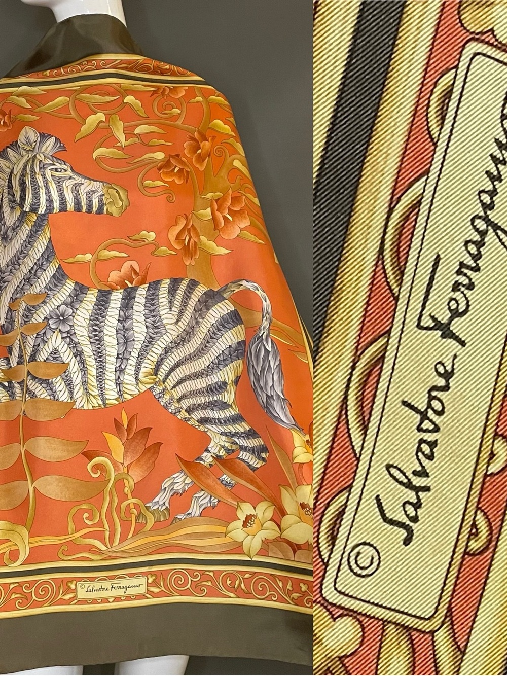 Gorg Salvatore Ferragamo Silk Scarf Zebra with Floral Stripes 34 In Exc Cond - Picture 2 of 10